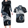Personalized Carlton Football Couples Matching Long Sleeve Bodycon Dress and Hawaiian Shirt Easter Egg Pattern Navy Monochrome Tribal Dot Style