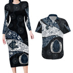 Personalized Carlton Football Couples Matching Long Sleeve Bodycon Dress and Hawaiian Shirt Easter Egg Pattern Navy Monochrome Tribal Dot Style