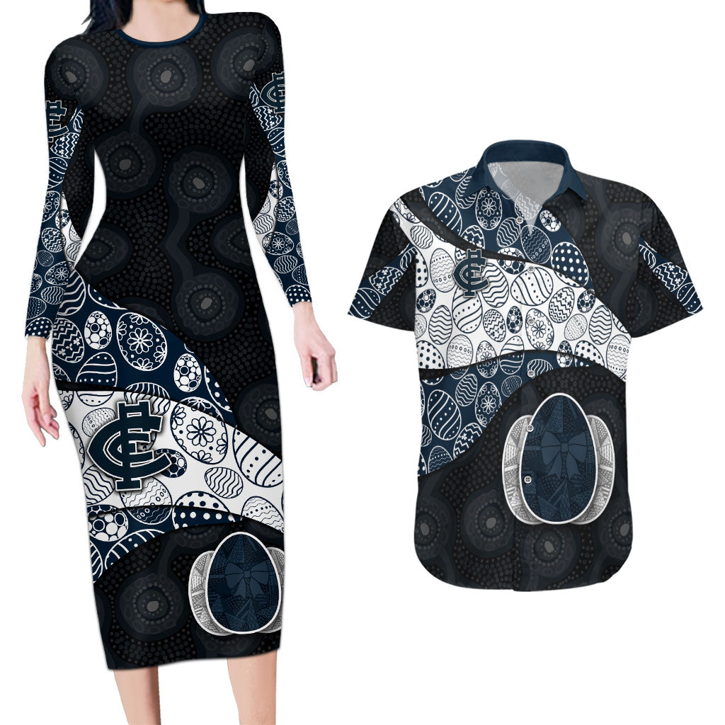 Personalized Carlton Football Couples Matching Long Sleeve Bodycon Dress and Hawaiian Shirt Easter Egg Pattern Navy Monochrome Tribal Dot Style