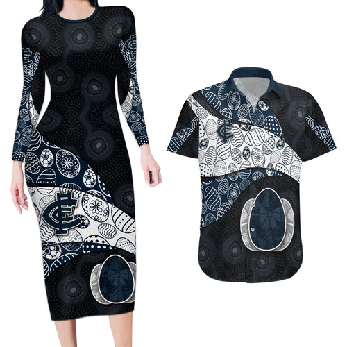Personalized Carlton Football Couples Matching Long Sleeve Bodycon Dress and Hawaiian Shirt Easter Egg Pattern Navy Monochrome Tribal Dot Style