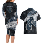 Personalized Carlton Football Couples Matching Long Sleeve Bodycon Dress and Hawaiian Shirt Easter Egg Pattern Navy Monochrome Tribal Dot Style