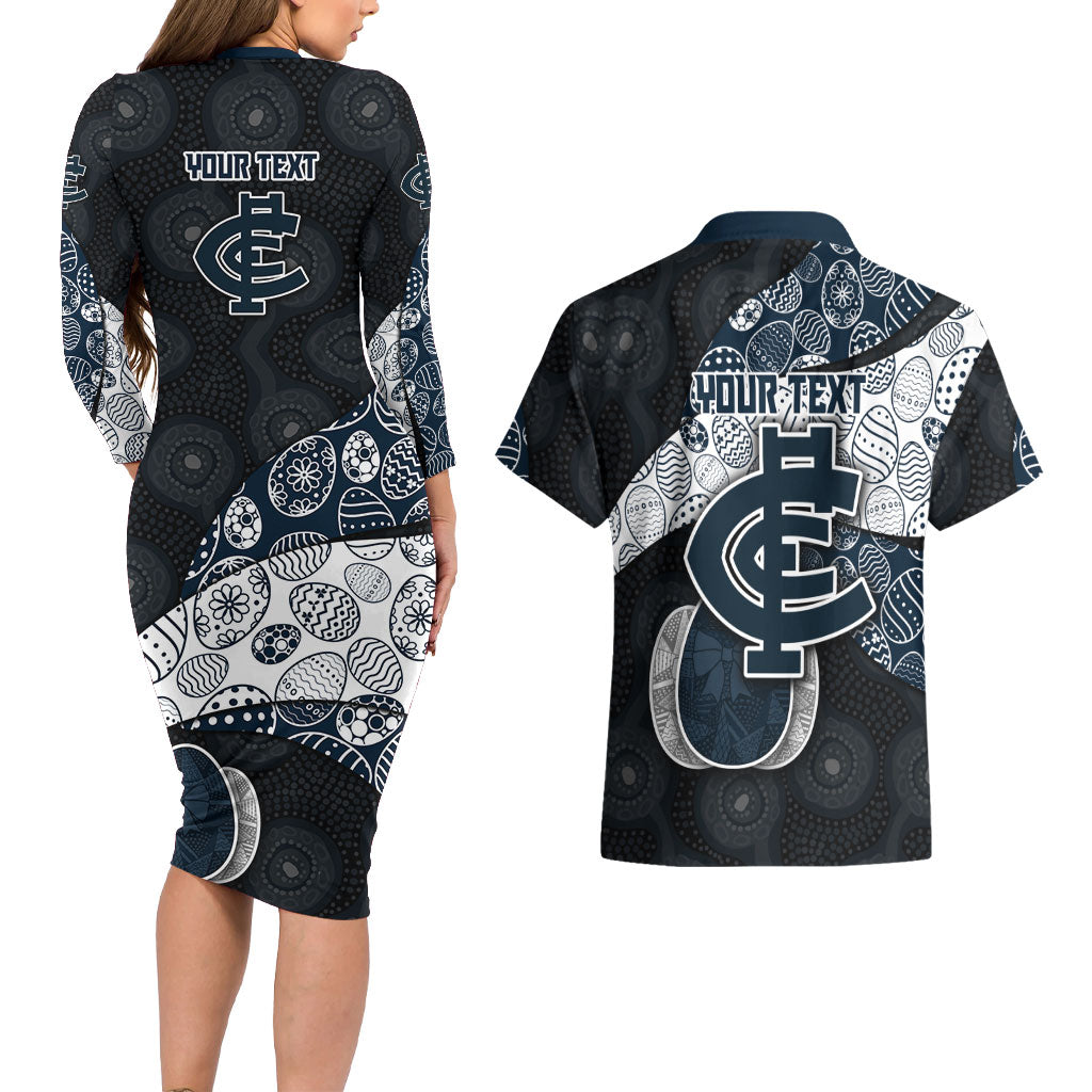 Personalized Carlton Football Couples Matching Long Sleeve Bodycon Dress and Hawaiian Shirt Easter Egg Pattern Navy Monochrome Tribal Dot Style
