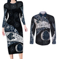 Personalized Carlton Football Couples Matching Long Sleeve Bodycon Dress and Long Sleeve Button Shirt Easter Egg Pattern Navy Monochrome Tribal Dot Style