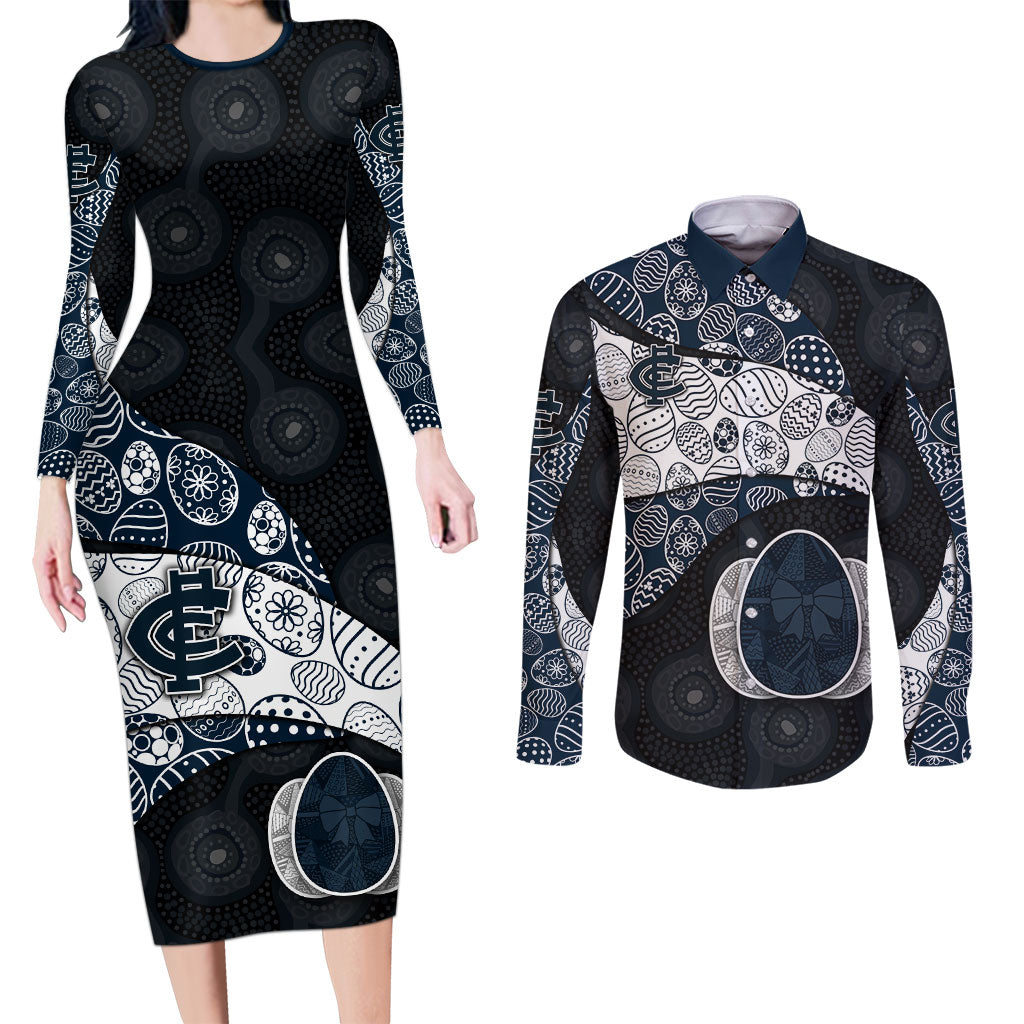 Personalized Carlton Football Couples Matching Long Sleeve Bodycon Dress and Long Sleeve Button Shirt Easter Egg Pattern Navy Monochrome Tribal Dot Style