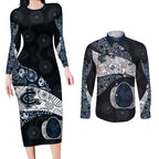 Personalized Carlton Football Couples Matching Long Sleeve Bodycon Dress and Long Sleeve Button Shirt Easter Egg Pattern Navy Monochrome Tribal Dot Style