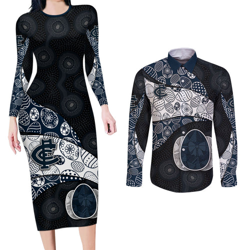 Personalized Carlton Football Couples Matching Long Sleeve Bodycon Dress and Long Sleeve Button Shirt Easter Egg Pattern Navy Monochrome Tribal Dot Style