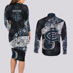 Personalized Carlton Football Couples Matching Long Sleeve Bodycon Dress and Long Sleeve Button Shirt Easter Egg Pattern Navy Monochrome Tribal Dot Style