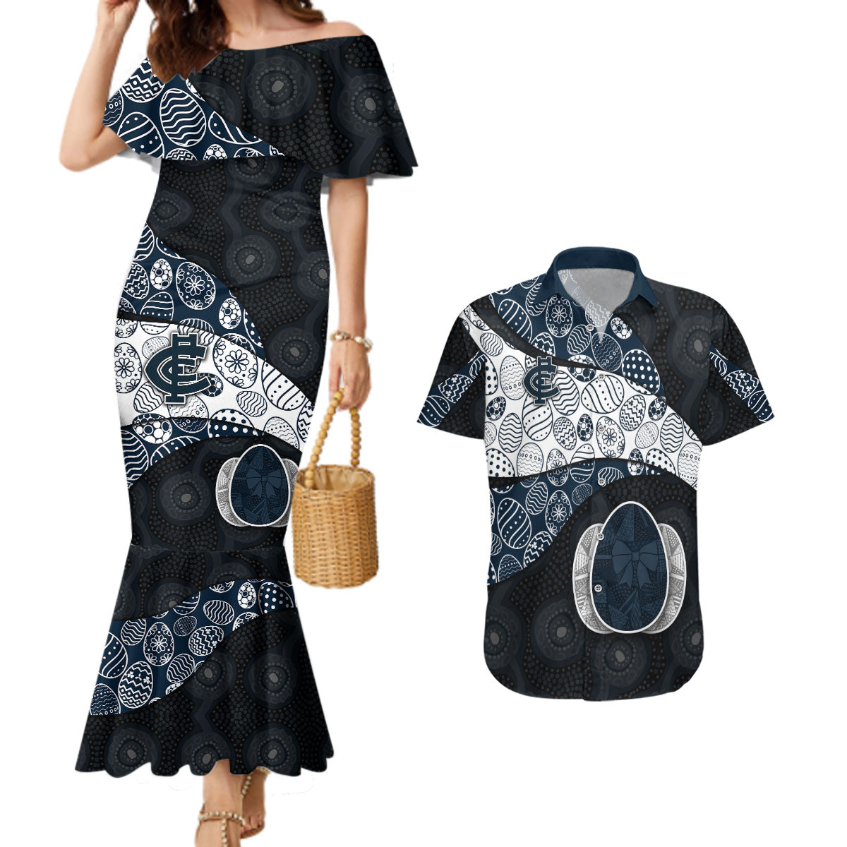 Personalized Carlton Football Couples Matching Mermaid Dress and Hawaiian Shirt Easter Egg Pattern Navy Monochrome Tribal Dot Style