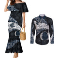 Personalized Carlton Football Couples Matching Mermaid Dress and Long Sleeve Button Shirt Easter Egg Pattern Navy Monochrome Tribal Dot Style