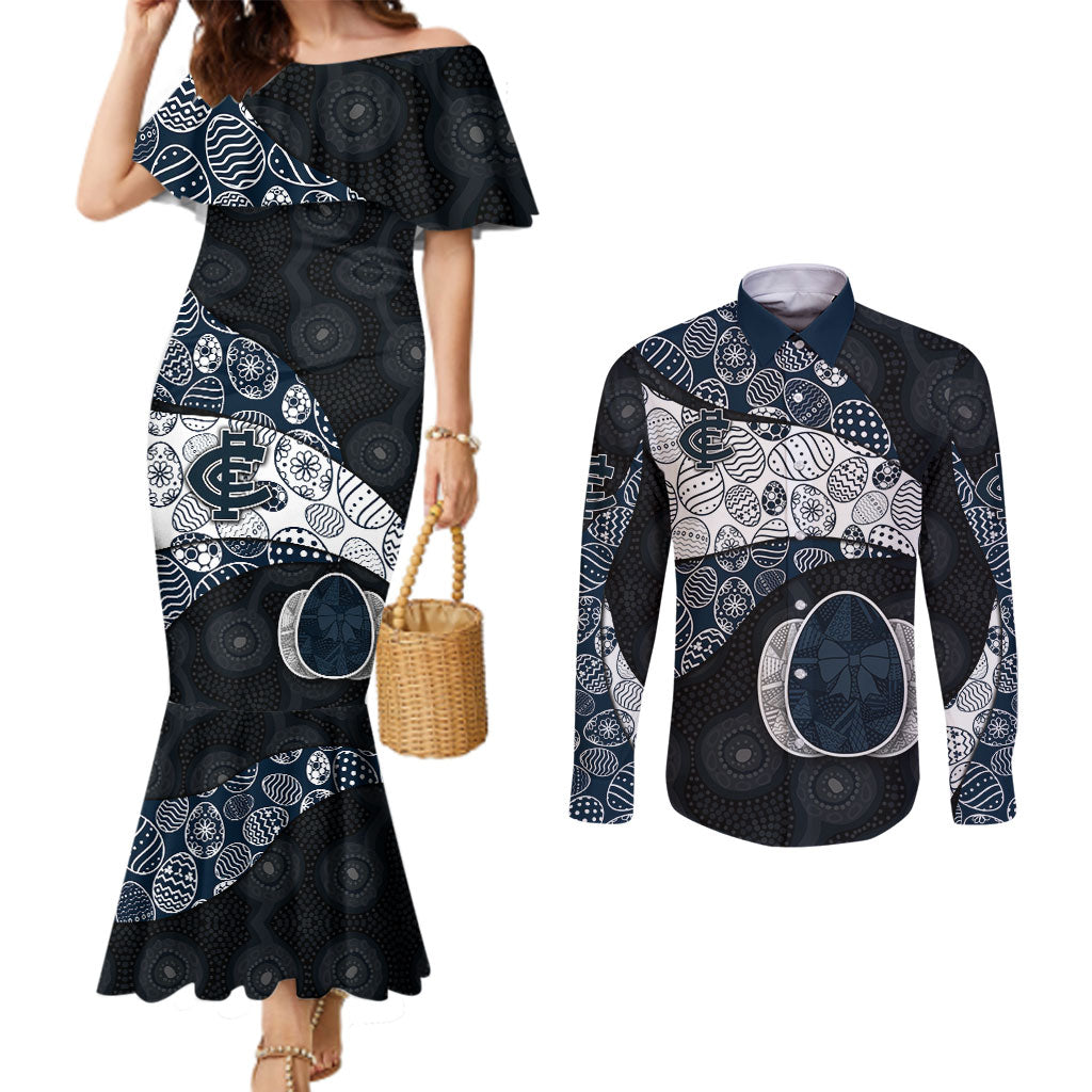 Personalized Carlton Football Couples Matching Mermaid Dress and Long Sleeve Button Shirt Easter Egg Pattern Navy Monochrome Tribal Dot Style