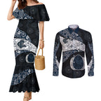 Personalized Carlton Football Couples Matching Mermaid Dress and Long Sleeve Button Shirt Easter Egg Pattern Navy Monochrome Tribal Dot Style