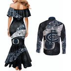 Personalized Carlton Football Couples Matching Mermaid Dress and Long Sleeve Button Shirt Easter Egg Pattern Navy Monochrome Tribal Dot Style