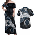 Personalized Carlton Football Couples Matching Off Shoulder Maxi Dress and Hawaiian Shirt Easter Egg Pattern Navy Monochrome Tribal Dot Style