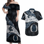 Personalized Carlton Football Couples Matching Off Shoulder Maxi Dress and Hawaiian Shirt Easter Egg Pattern Navy Monochrome Tribal Dot Style