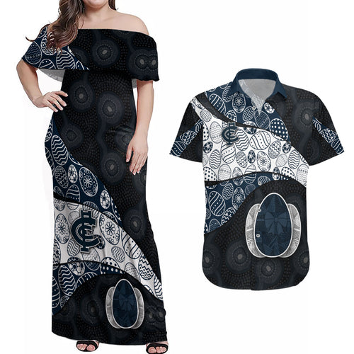 Personalized Carlton Football Couples Matching Off Shoulder Maxi Dress and Hawaiian Shirt Easter Egg Pattern Navy Monochrome Tribal Dot Style