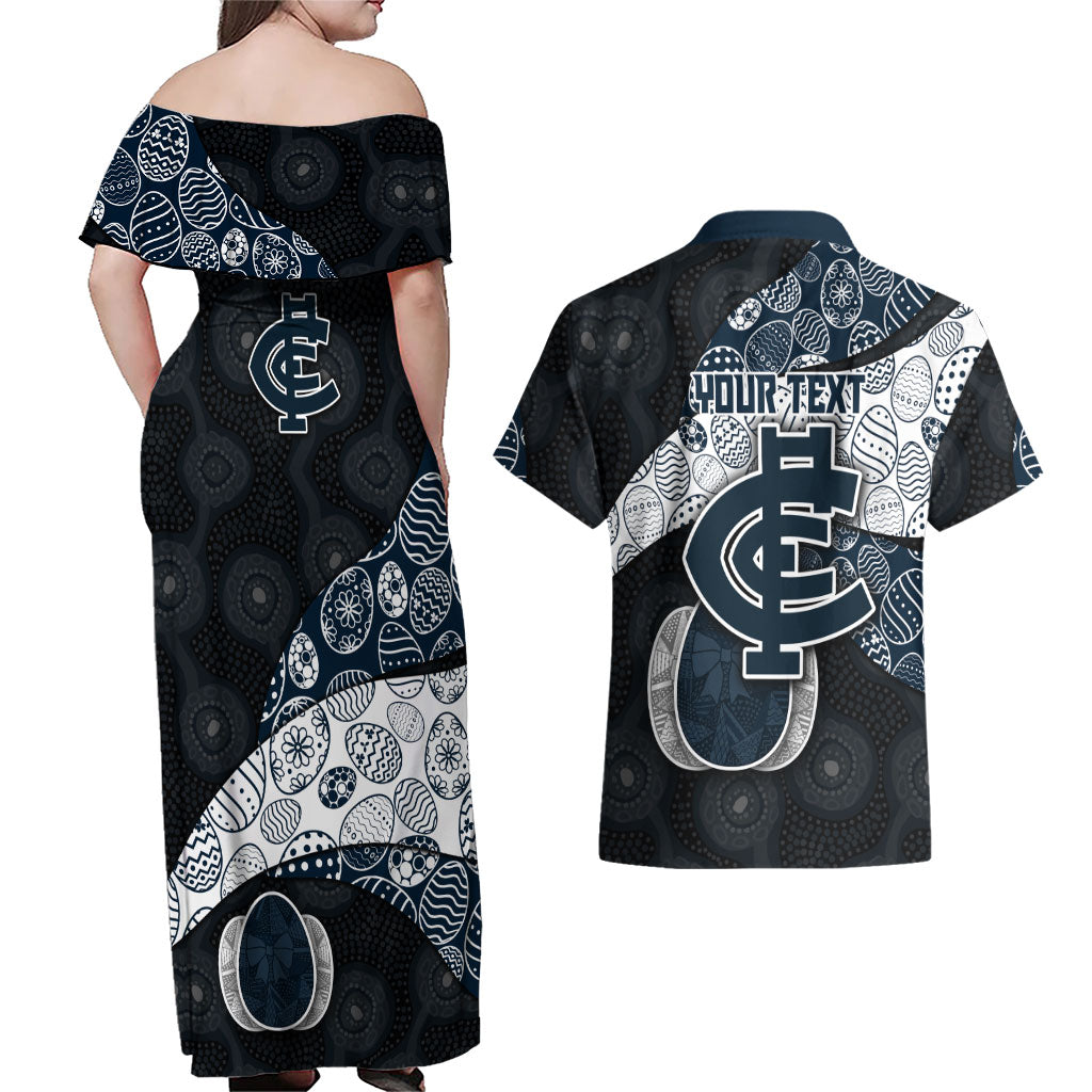Personalized Carlton Football Couples Matching Off Shoulder Maxi Dress and Hawaiian Shirt Easter Egg Pattern Navy Monochrome Tribal Dot Style