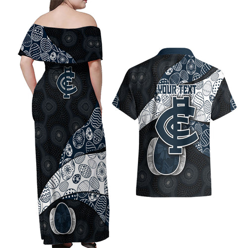 Personalized Carlton Football Couples Matching Off Shoulder Maxi Dress and Hawaiian Shirt Easter Egg Pattern Navy Monochrome Tribal Dot Style