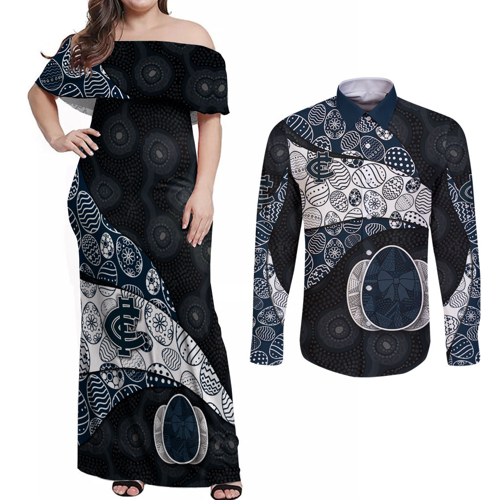 Personalized Carlton Football Couples Matching Off Shoulder Maxi Dress and Long Sleeve Button Shirt Easter Egg Pattern Navy Monochrome Tribal Dot Style