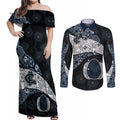 Personalized Carlton Football Couples Matching Off Shoulder Maxi Dress and Long Sleeve Button Shirt Easter Egg Pattern Navy Monochrome Tribal Dot Style