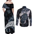 Personalized Carlton Football Couples Matching Off Shoulder Maxi Dress and Long Sleeve Button Shirt Easter Egg Pattern Navy Monochrome Tribal Dot Style