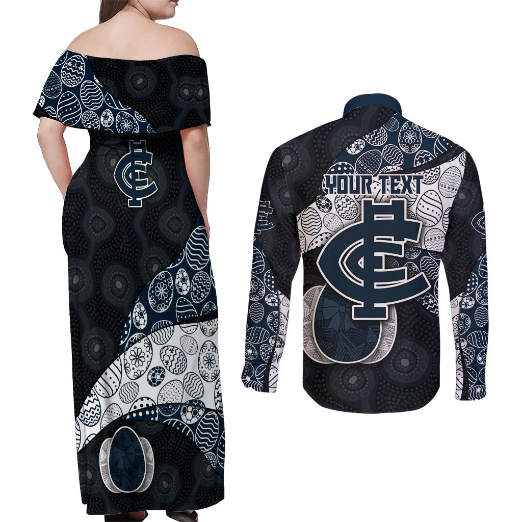 Personalized Carlton Football Couples Matching Off Shoulder Maxi Dress and Long Sleeve Button Shirt Easter Egg Pattern Navy Monochrome Tribal Dot Style