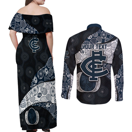 Personalized Carlton Football Couples Matching Off Shoulder Maxi Dress and Long Sleeve Button Shirt Easter Egg Pattern Navy Monochrome Tribal Dot Style
