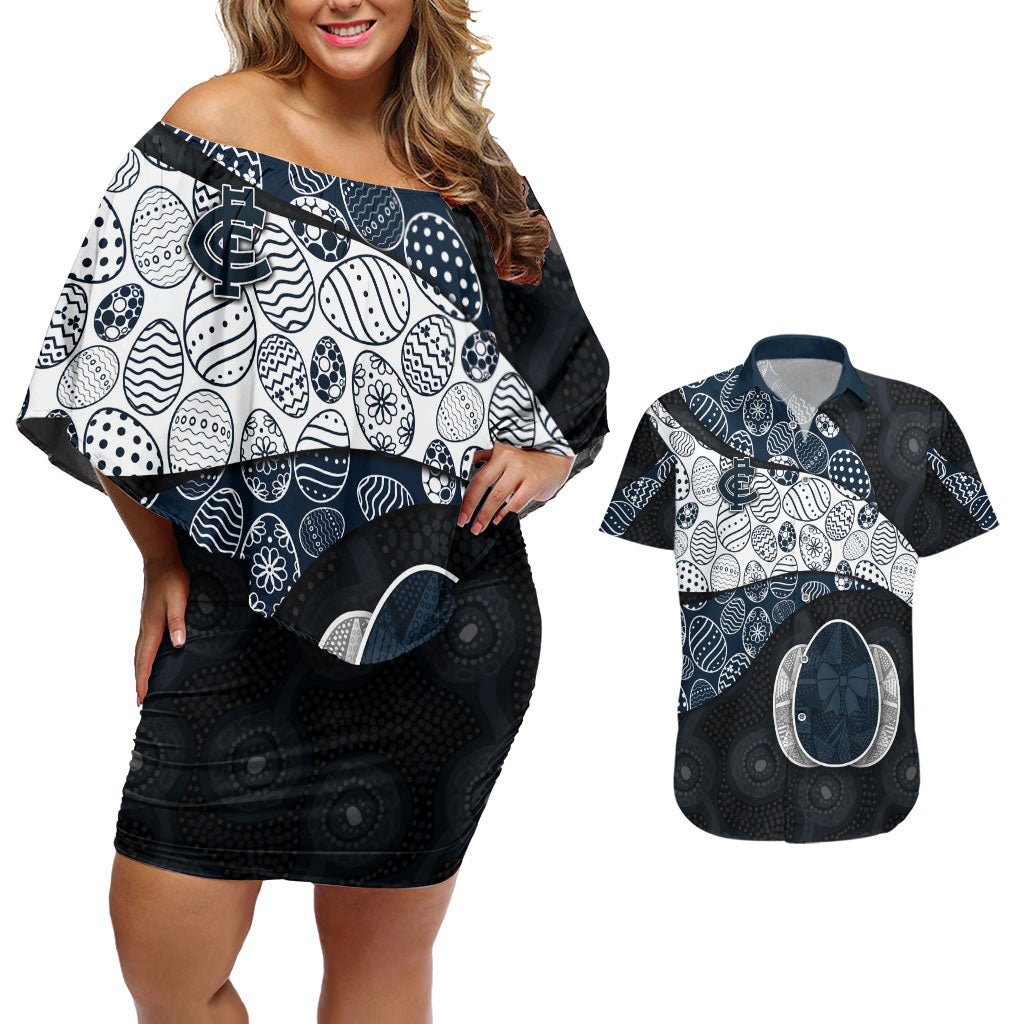 Personalized Carlton Football Couples Matching Off Shoulder Short Dress and Hawaiian Shirt Easter Egg Pattern Navy Monochrome Tribal Dot Style