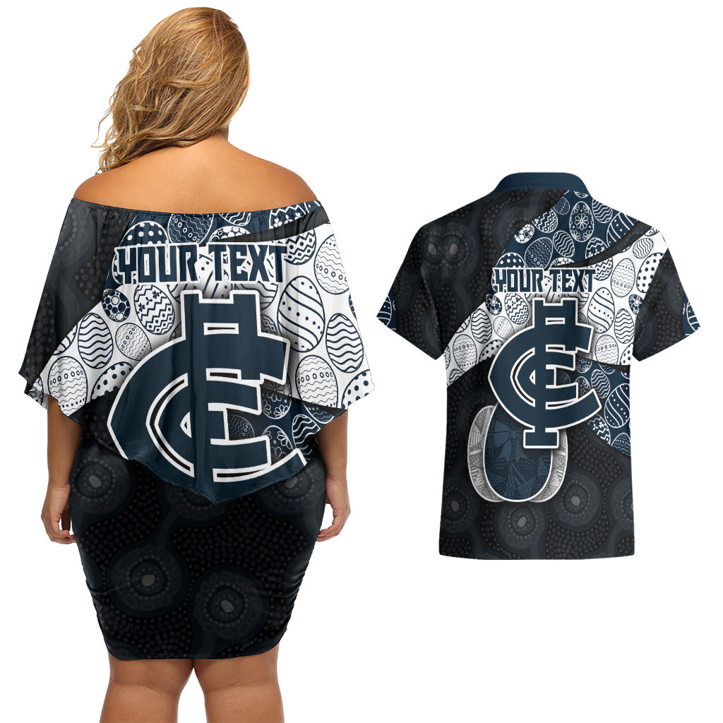 Personalized Carlton Football Couples Matching Off Shoulder Short Dress and Hawaiian Shirt Easter Egg Pattern Navy Monochrome Tribal Dot Style