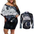 Personalized Carlton Football Couples Matching Off Shoulder Short Dress and Long Sleeve Button Shirt Easter Egg Pattern Navy Monochrome Tribal Dot Style