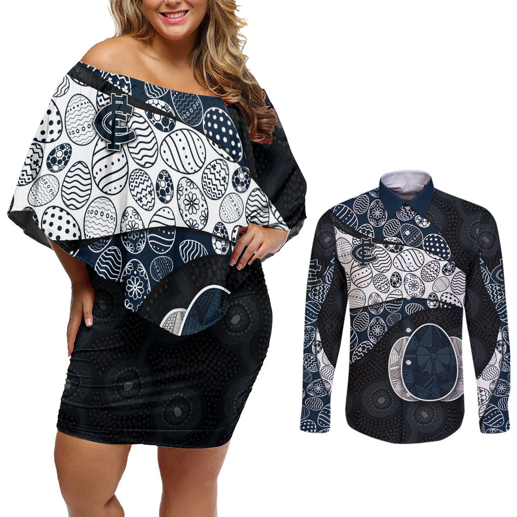 Personalized Carlton Football Couples Matching Off Shoulder Short Dress and Long Sleeve Button Shirt Easter Egg Pattern Navy Monochrome Tribal Dot Style
