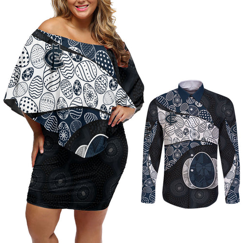 Personalized Carlton Football Couples Matching Off Shoulder Short Dress and Long Sleeve Button Shirt Easter Egg Pattern Navy Monochrome Tribal Dot Style