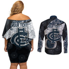 Personalized Carlton Football Couples Matching Off Shoulder Short Dress and Long Sleeve Button Shirt Easter Egg Pattern Navy Monochrome Tribal Dot Style