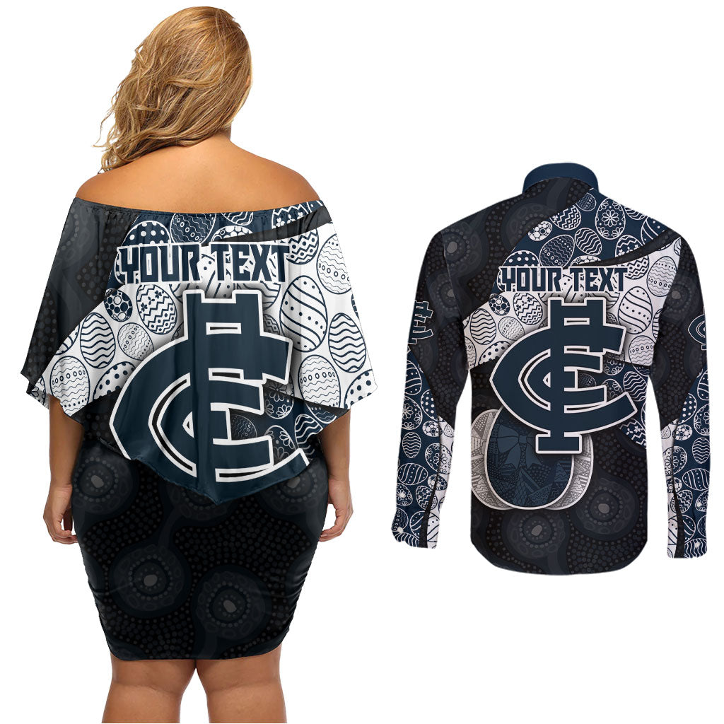 Personalized Carlton Football Couples Matching Off Shoulder Short Dress and Long Sleeve Button Shirt Easter Egg Pattern Navy Monochrome Tribal Dot Style