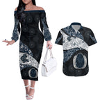 Personalized Carlton Football Couples Matching Off The Shoulder Long Sleeve Dress and Hawaiian Shirt Easter Egg Pattern Navy Monochrome Tribal Dot Style