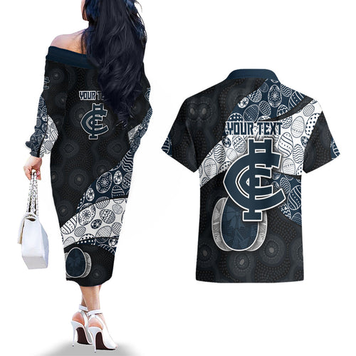 Personalized Carlton Football Couples Matching Off The Shoulder Long Sleeve Dress and Hawaiian Shirt Easter Egg Pattern Navy Monochrome Tribal Dot Style