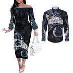 Personalized Carlton Football Couples Matching Off The Shoulder Long Sleeve Dress and Long Sleeve Button Shirt Easter Egg Pattern Navy Monochrome Tribal Dot Style