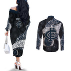 Personalized Carlton Football Couples Matching Off The Shoulder Long Sleeve Dress and Long Sleeve Button Shirt Easter Egg Pattern Navy Monochrome Tribal Dot Style