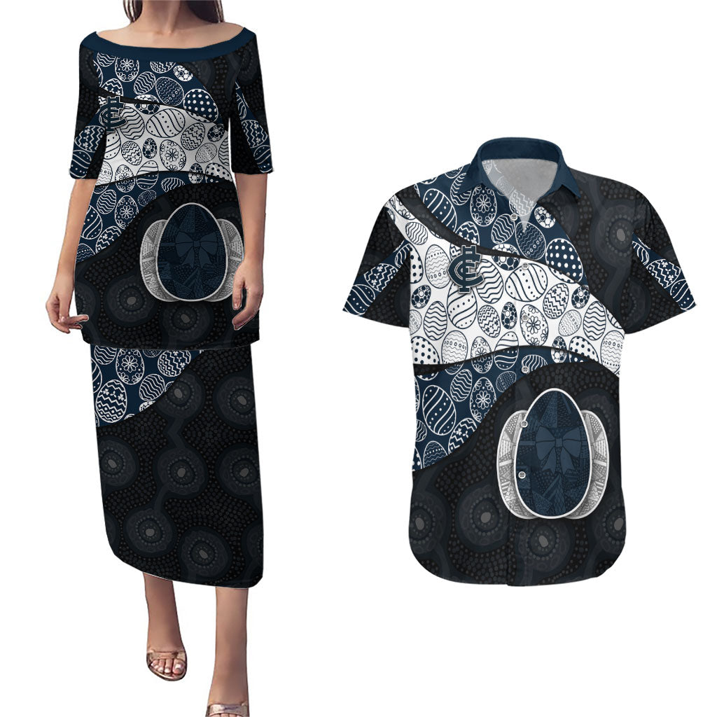 Personalized Carlton Football Couples Matching Puletasi and Hawaiian Shirt Easter Egg Pattern Navy Monochrome Tribal Dot Style