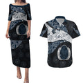 Personalized Carlton Football Couples Matching Puletasi and Hawaiian Shirt Easter Egg Pattern Navy Monochrome Tribal Dot Style