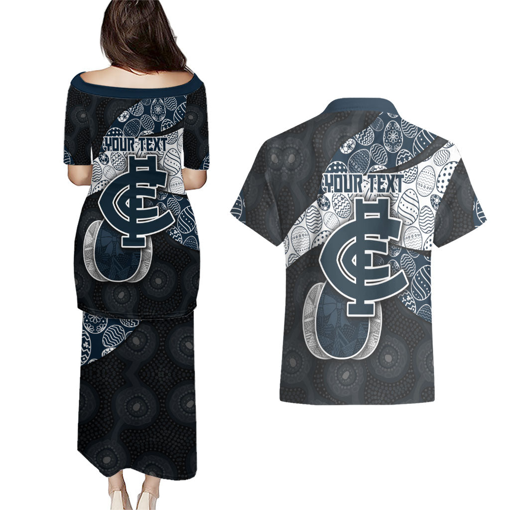 Personalized Carlton Football Couples Matching Puletasi and Hawaiian Shirt Easter Egg Pattern Navy Monochrome Tribal Dot Style