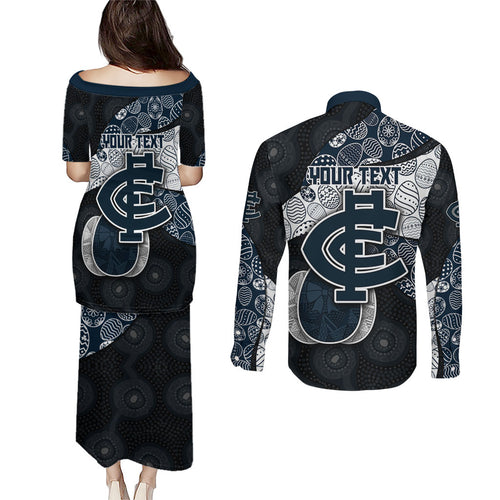 Personalized Carlton Football Couples Matching Puletasi and Long Sleeve Button Shirt Easter Egg Pattern Navy Monochrome Tribal Dot Style