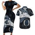 Personalized Carlton Football Couples Matching Short Sleeve Bodycon Dress and Hawaiian Shirt Easter Egg Pattern Navy Monochrome Tribal Dot Style