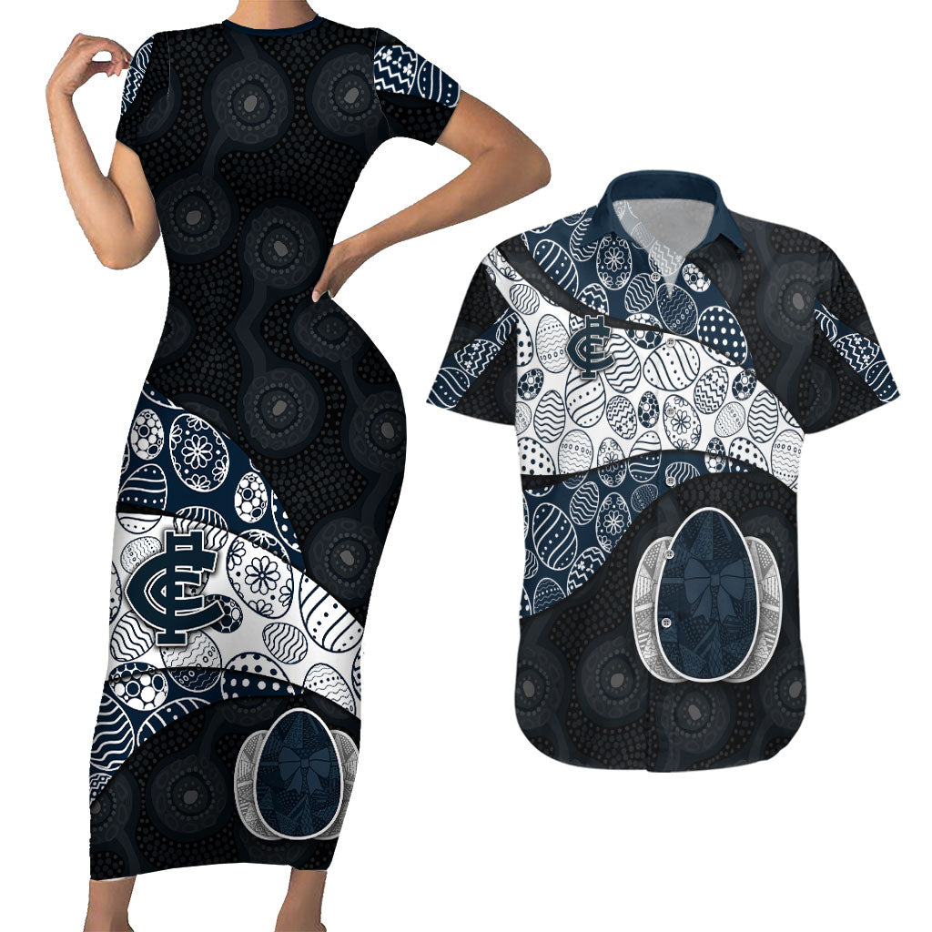 Personalized Carlton Football Couples Matching Short Sleeve Bodycon Dress and Hawaiian Shirt Easter Egg Pattern Navy Monochrome Tribal Dot Style
