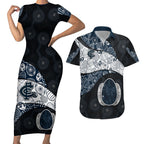 Personalized Carlton Football Couples Matching Short Sleeve Bodycon Dress and Hawaiian Shirt Easter Egg Pattern Navy Monochrome Tribal Dot Style