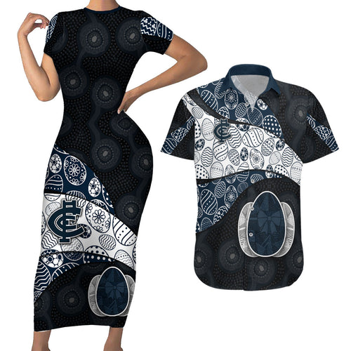Personalized Carlton Football Couples Matching Short Sleeve Bodycon Dress and Hawaiian Shirt Easter Egg Pattern Navy Monochrome Tribal Dot Style