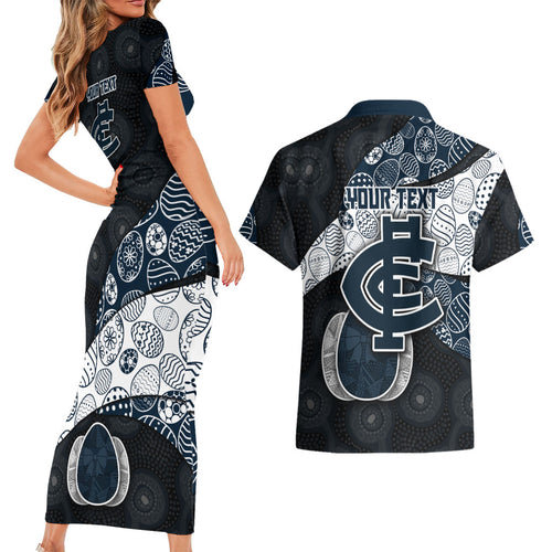 Personalized Carlton Football Couples Matching Short Sleeve Bodycon Dress and Hawaiian Shirt Easter Egg Pattern Navy Monochrome Tribal Dot Style