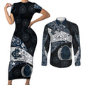 Personalized Carlton Football Couples Matching Short Sleeve Bodycon Dress and Long Sleeve Button Shirt Easter Egg Pattern Navy Monochrome Tribal Dot Style