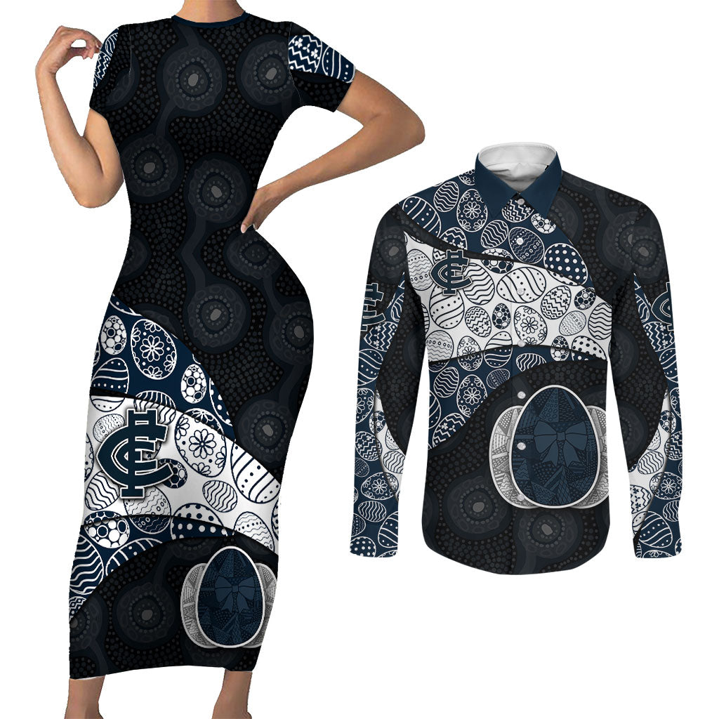 Personalized Carlton Football Couples Matching Short Sleeve Bodycon Dress and Long Sleeve Button Shirt Easter Egg Pattern Navy Monochrome Tribal Dot Style