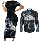 Personalized Carlton Football Couples Matching Short Sleeve Bodycon Dress and Long Sleeve Button Shirt Easter Egg Pattern Navy Monochrome Tribal Dot Style