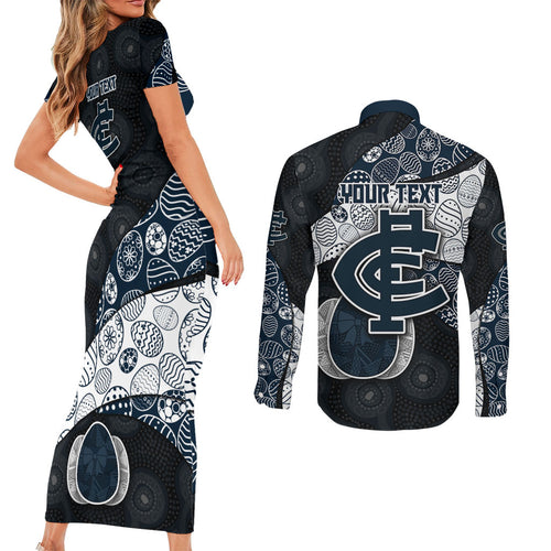 Personalized Carlton Football Couples Matching Short Sleeve Bodycon Dress and Long Sleeve Button Shirt Easter Egg Pattern Navy Monochrome Tribal Dot Style